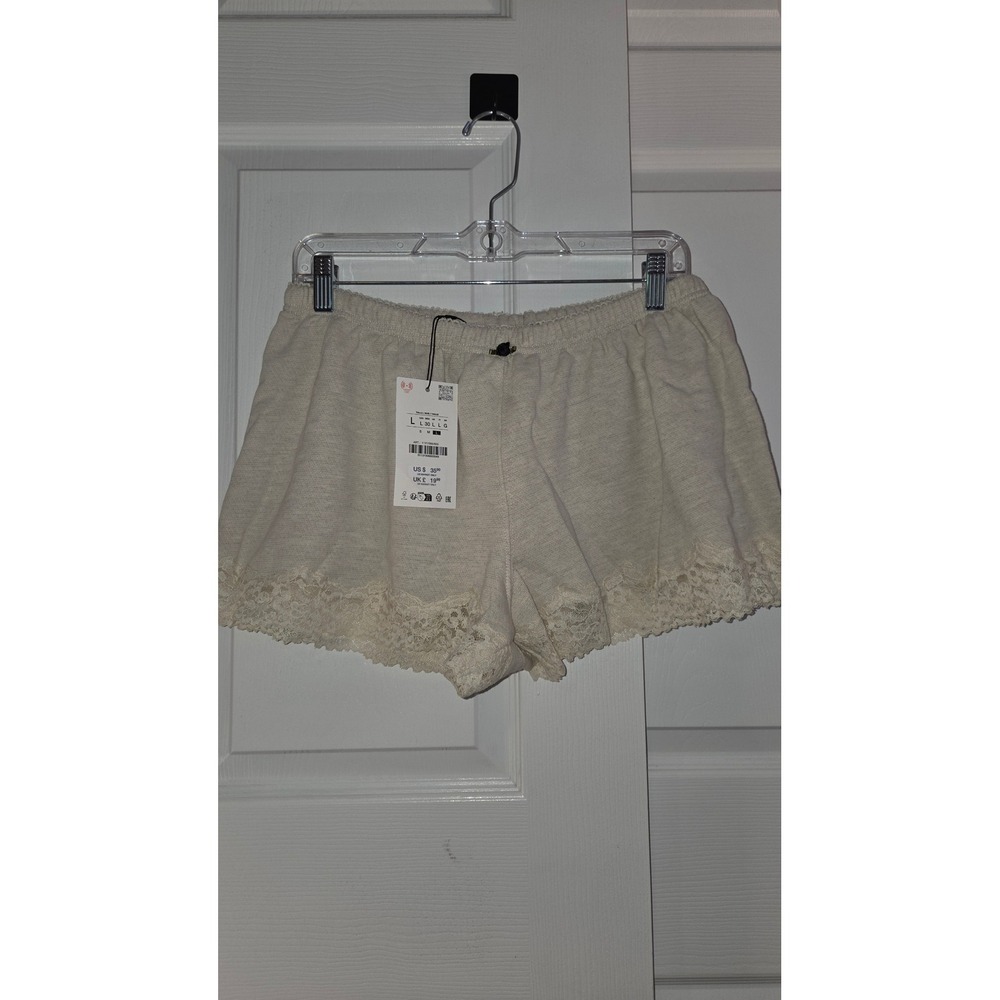 Zara Women Heathered Knit Lace Trim Lounge Shorts Cream Rosette Large NWT